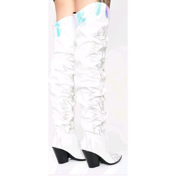 Size 5.5 Dolls Kill Pure Love Bandit Cowgirl Boots White Embroidered Iridescent - Picture 12 of 12